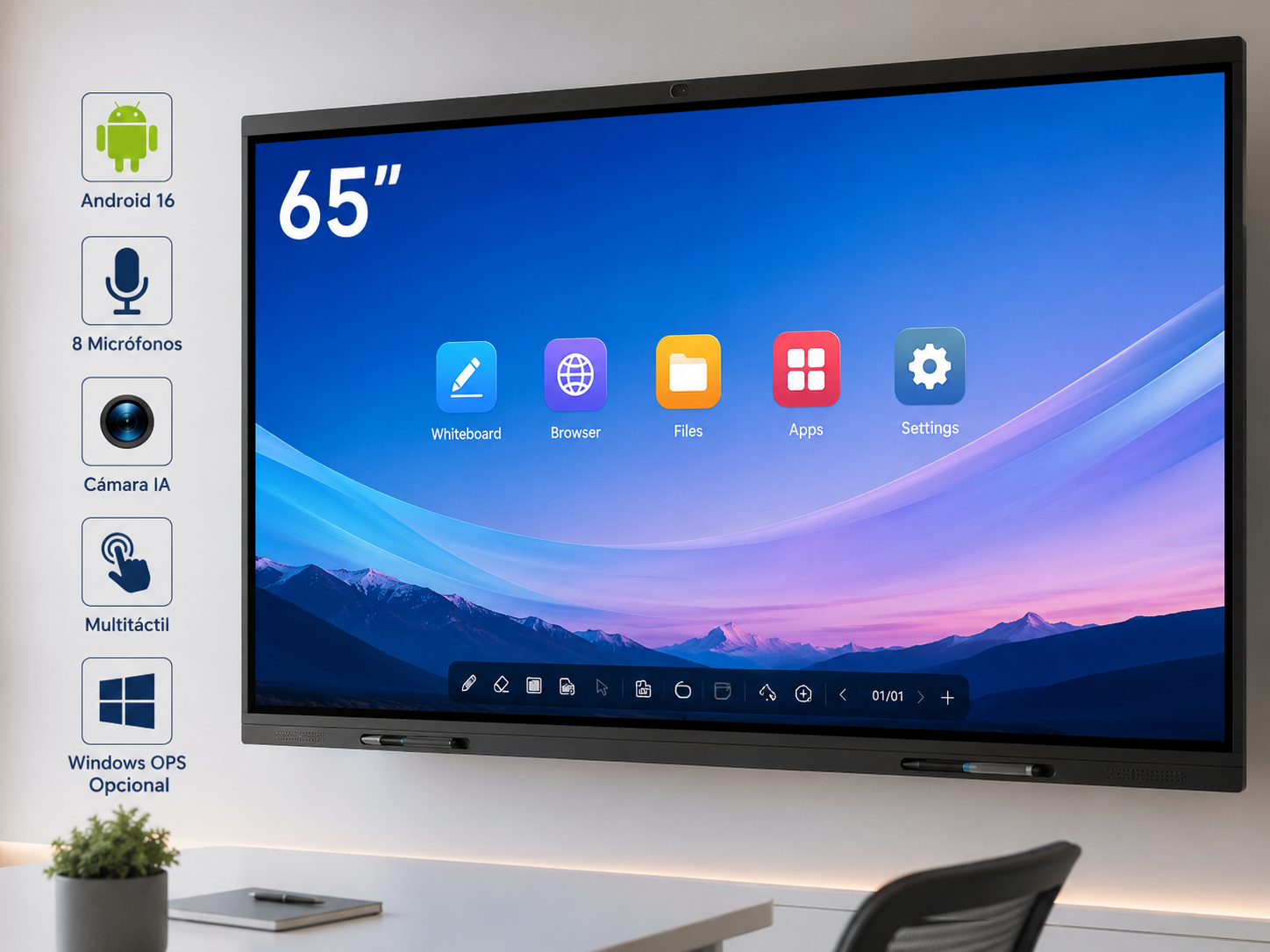 Pantalla interactiva de 65 pulgadas con Android 16, cámara inteligente y pantalla multitáctil para educación y empresas en Ecuador.